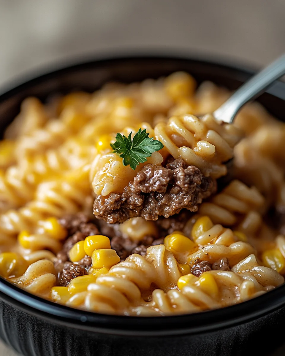 Cheddar Ranch Beef and Sweet Corn Rotini Bake