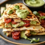 Black Pepper Chicken and Salami Quesadillas with Avocado Basil Ranch