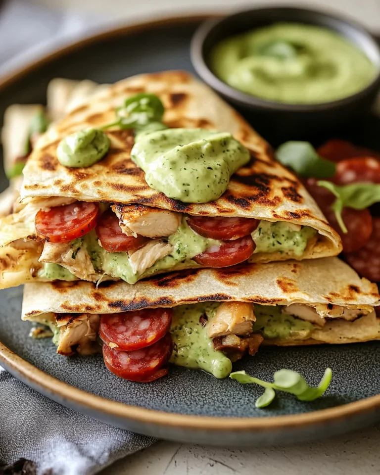 Black Pepper Chicken and Salami Quesadillas with Avocado Basil Ranch