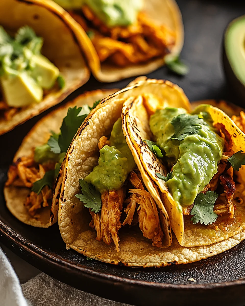 Crockpot Crispy Chicken Tinga Tacos with Avocado Jalapeño Crema