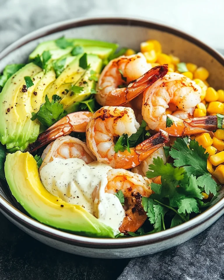 Grilled Shrimp Bowl with Avocado Corn Salsa and Creamy Sauce