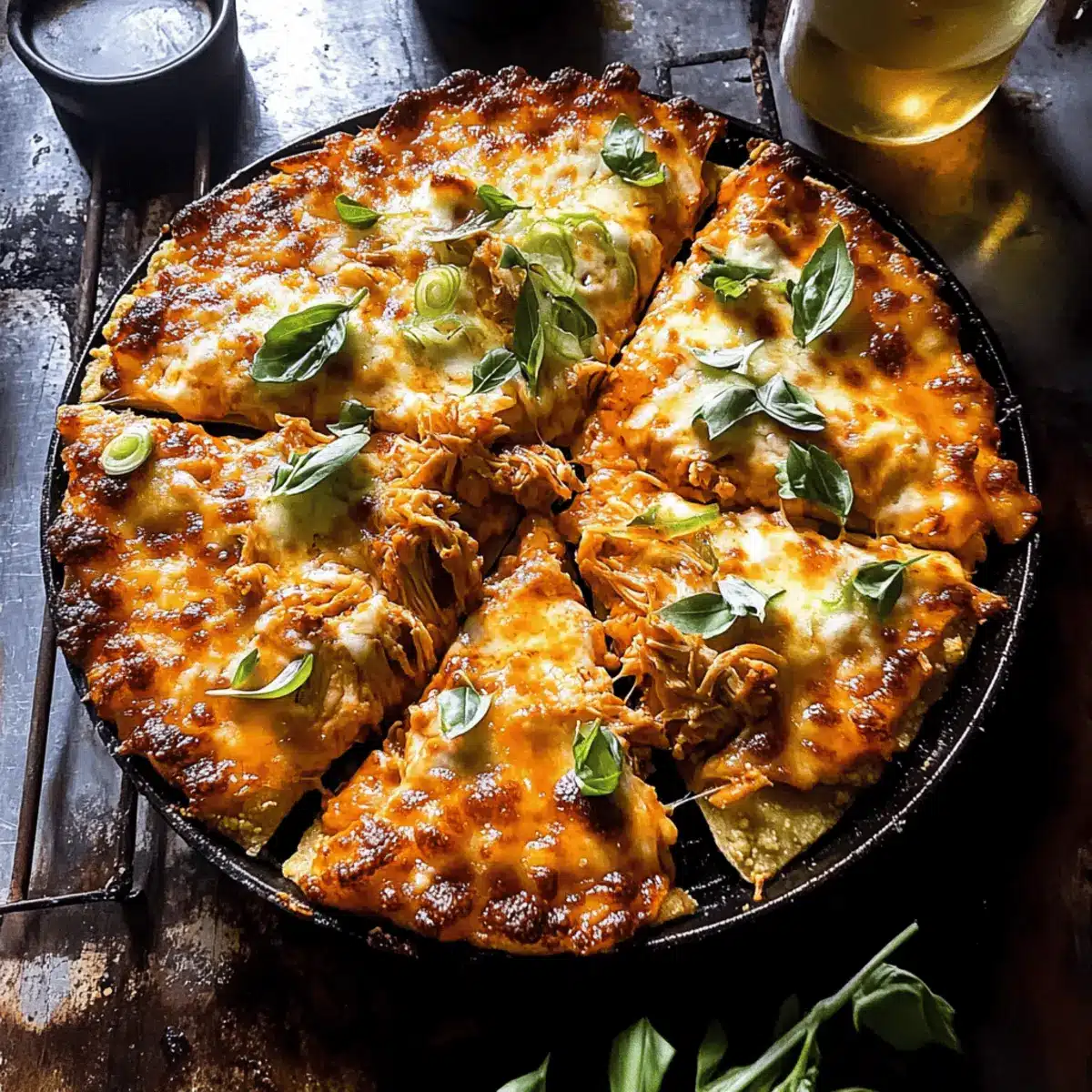 Skillet Crispy Cheese Buffalo Chicken Pizza.