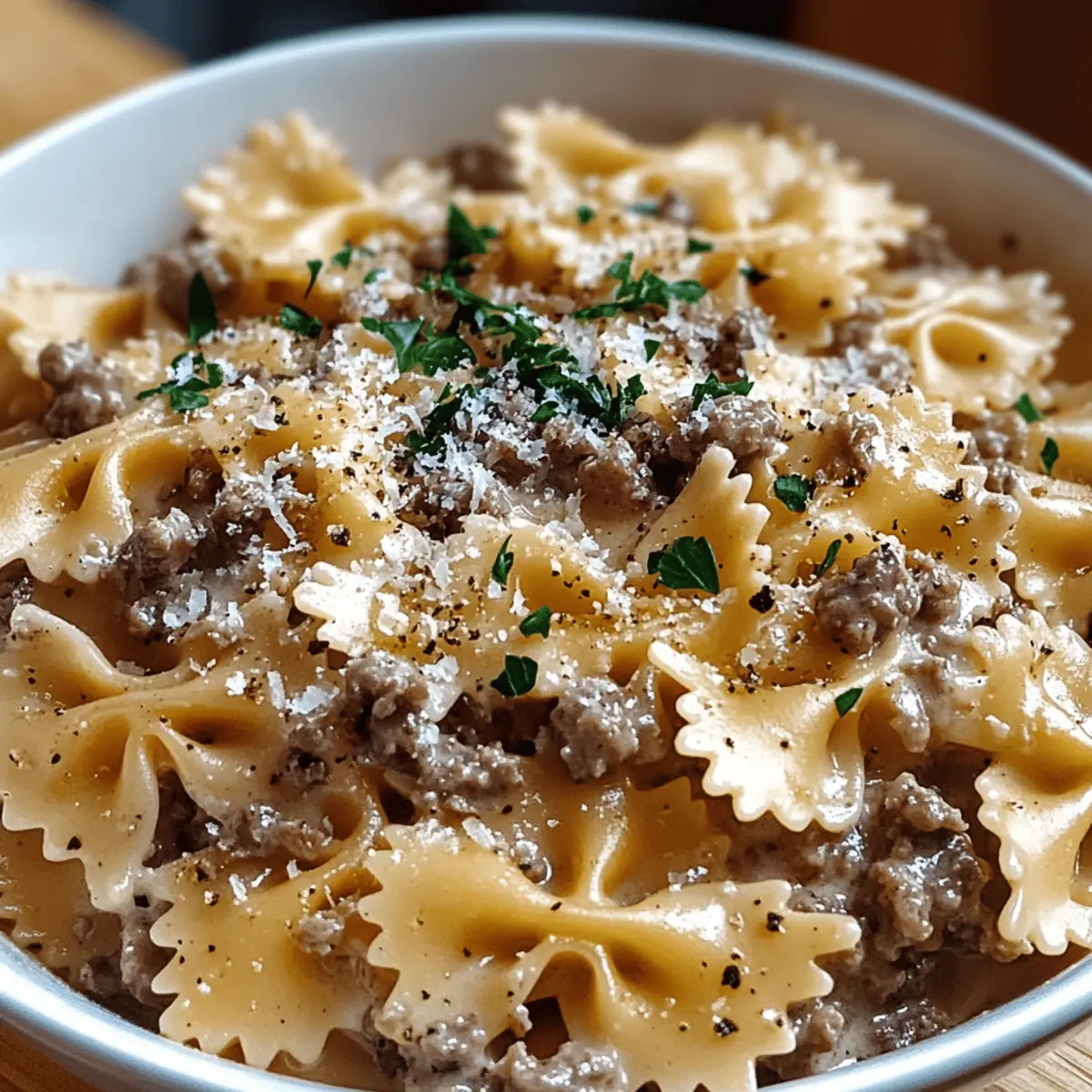 Creamy Parmesan Garlic Beef Bowtie Pasta