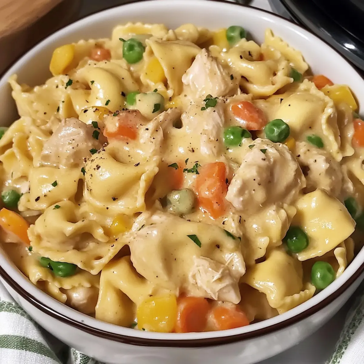 Crockpot Cheddar Chicken Pot Pie Tortellini