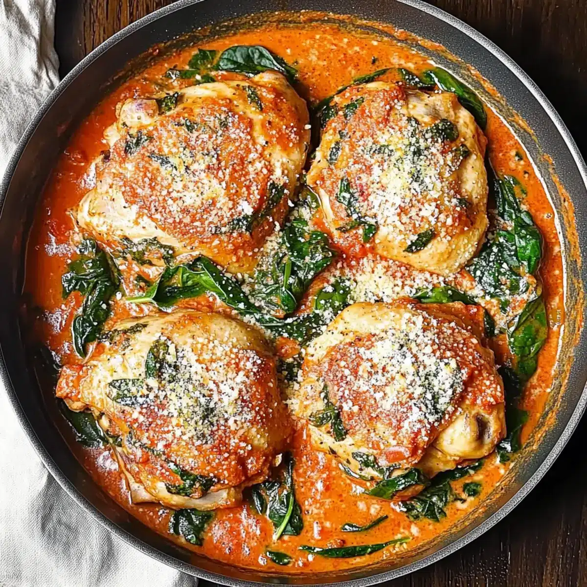 Skillet Chicken Thighs with Creamy Tomato Basil Spinach Sauce