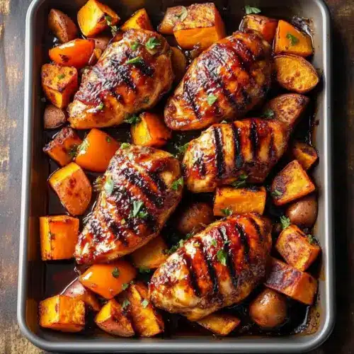 Sheet Pan BBQ Chicken with Sweet Potatoes and Bell Peppers