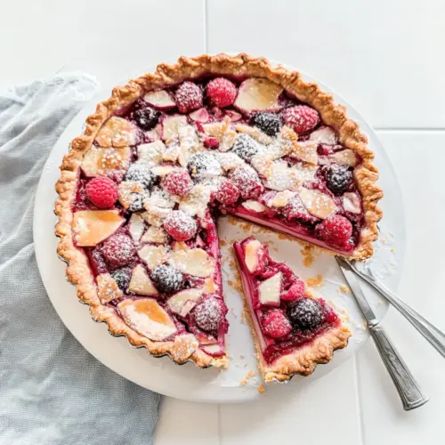 Rhubarb & Raspberry Frangipane Tart with Almond Praline