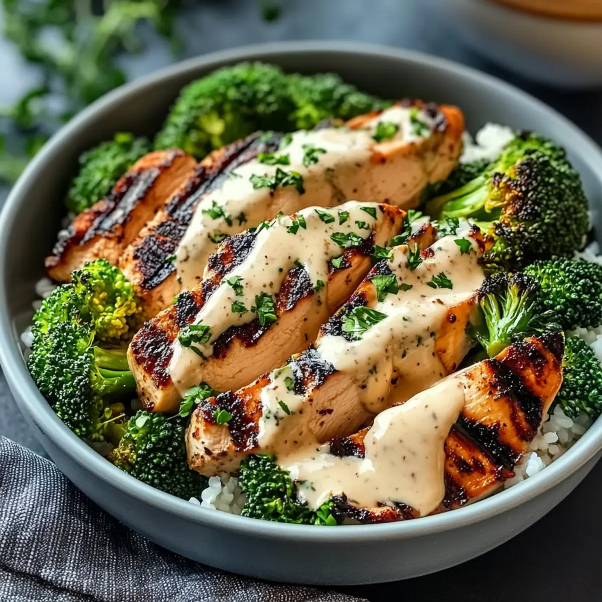 Grilled Chicken & Broccoli Bowls with Creamy Garlic Sauce