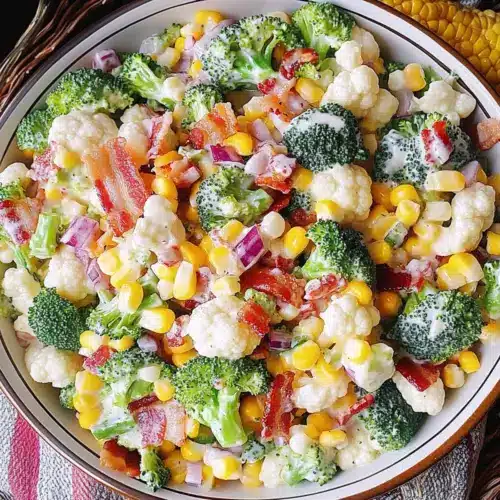 Creamy Broccoli, Cauliflower, Corn, Bacon Salad