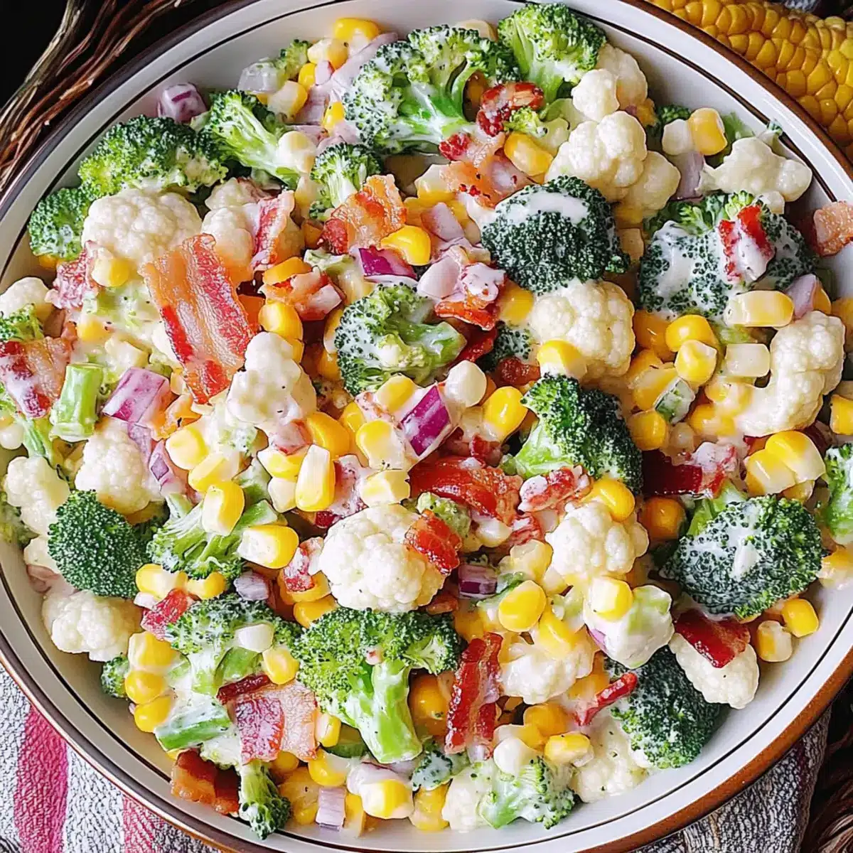 Creamy Broccoli, Cauliflower, Corn, Bacon Salad
